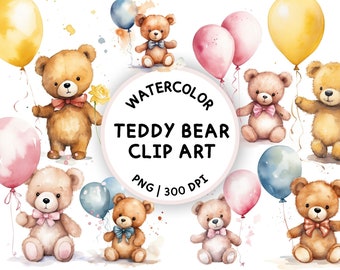 Acuarela osos de peluche globos Imágenes Prediseñadas, imágenes prediseñadas de oso de peluche, lindo oso de peluche PNG, oso de bebé PNG, Baby Shower PNG, imágenes prediseñadas de invitación