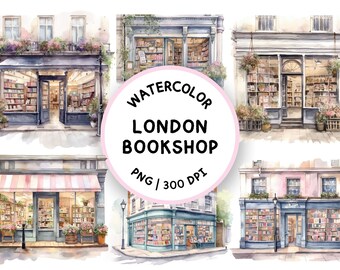 London Bookshop Watercolor Clipart, Book Lover Clipart, Book Worm PNG, Book Clipart, Book Club Clipart