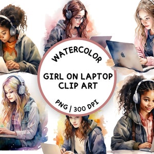 Girl on Laptop Clipart, Girl Boss Clipart, Boss Babe Clipart, Woman on Laptop PNG, Commercial Use, Clipart Bundle