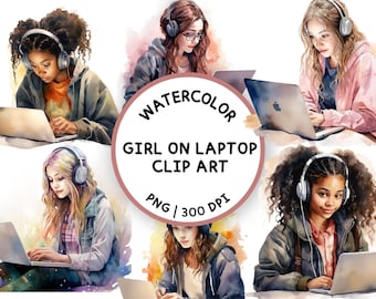 Girl on Laptop Clipart, Girl Boss Clipart, Boss Babe Clipart, Woman on Laptop PNG, Commercial Use, Clipart Bundle