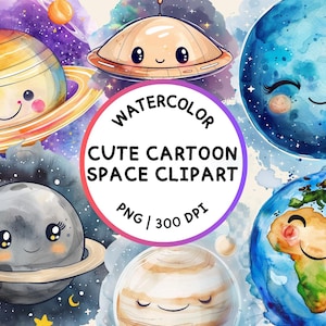 Cute Space Planets Clipart, Watercolor UFO, PNG, Cute Galaxy, Cartoon Clipart