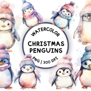 Imágenes Prediseñadas de pingüino de Navidad, pingüino de acuarela, PNG de pájaro, pingüino lindo, imágenes prediseñadas de invierno, imágenes prediseñadas de Navidad de acuarela, imágenes prediseñadas de tarjeta de Navidad