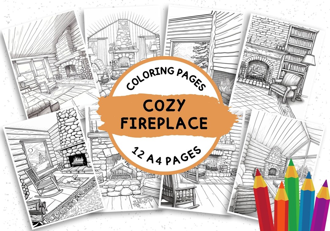 Cozy Fireplace Coloring Pages, Winter Cabin Colouring Pages, Coloring