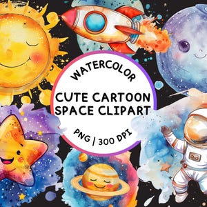 Cute Space Planets Clipart, Watercolor UFO, PNG, Cute Galaxy, Cartoon Clipart