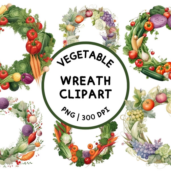 Vegetable Wreath Clipart, Vegetable Clipart, Food Clipart, Fruit & Vegetable Clip Art,  Commercial Use, Clipart Bundle