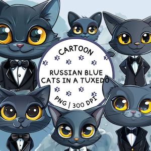 Russian Blue Cat in a Tuxedo Clipart, Cute Russian Blue Cats PNG, Feline Animals, Cartoon Cats Clipart