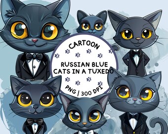 Russian Blue Cat in a Tuxedo Clipart, Cute Russian Blue Cats PNG, Feline Animals, Cartoon Cats Clipart
