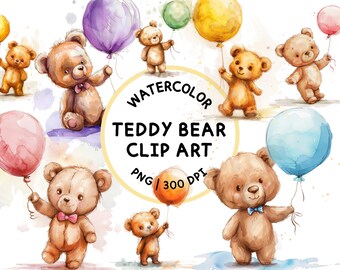 Acuarela Ositos de peluche Globos Clipart, Osito de peluche Clipart, Lindo Osito de peluche PNG, Bebé Oso PNG, Baby Shower PNG, Invitación Clipart