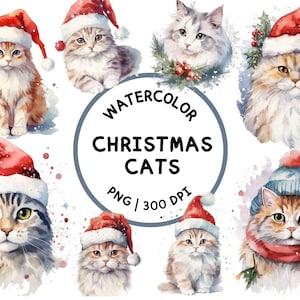 Christmas Cats Clipart, Watercolor Cats, Cat PNG, Winter Clipart, Watercolor Christmas Clipart, Christmas Card Clipart