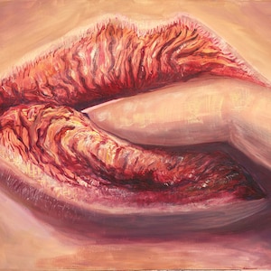 Lips & Finger Art, Vibrant Abstract Lips, Original Acrylic Painting, Artistic Red Lips, Bedroom Wall Art, Canvas Lips Painting, Intimate Art
