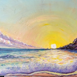 Soulful Seascape - Sunset Serenity in blauwe en gele tinten. handgemaakt, acrylverf op canvas, 0,5 x 1,2 m