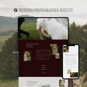 Puede incluir: Dise&ntilde;o de sitio web de fot&oacute;grafo de bodas que se muestra en una tableta y un tel&eacute;fono inteligente. El sitio web presenta un esquema de color rojo oscuro y crema con la palabra "VERONA" en la parte superior. El sitio web incluye el texto "WEDDINGS, COUPLES, ENGAGEMENTS".