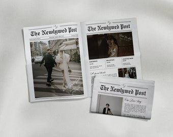 Annuncio sul giornale, modello di giornale personalizzato per matrimonio su Canva, stampa del programma del matrimonio su giornale, modello di giornale piegato per matrimonio