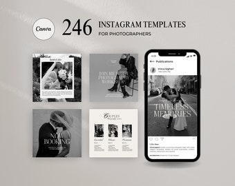 Pacote de Mídias Sociais para Instagram, Fotógrafo de Casamento e Pequenas Empresas, Modelos Elegantes para Fotografia em Preto e Branco, Posts e Stories Estéticos