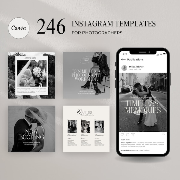 Instagram Social Media Bundle, Wedding Photographer and Small Business, Black White Photography Elegant Templates, Aesthetic Posts & Stories