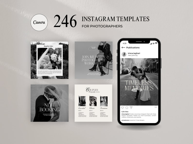 Instagram Social Media Bundle, Wedding Photographer and Small Business, Black White Photography Elegant Templates, Aesthetic Posts & Stories image 1