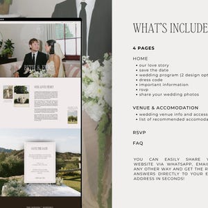 May include: A wedding website design displayed on a tablet, featuring photos, text, and a "Save the Date" card. The text includes "What's Included" and details about the website's features. The website is designed for weddings.