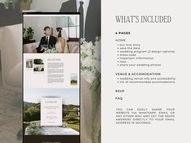May include: A wedding website design displayed on a tablet, featuring photos, text, and a "Save the Date" card. The text includes "What's Included" and details about the website's features. The website is designed for weddings.