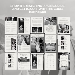 May include: A black and white wedding photography guide with a table of contents, tips and tricks, a wedding day timeline, and information about elopements, couples, and vendors. The guide includes the text "SHOP THE MATCHING PRICING GUIDE AND GET 15% OFF WITH THE CODE: laseine15off".