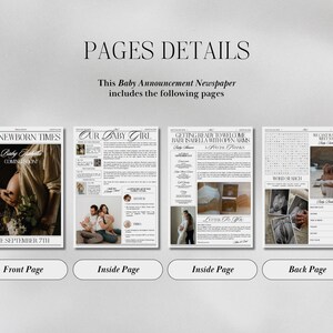 May include: A mock-up of a newspaper announcement for a new baby. The front page features a photo of a pregnant woman with the headline "Baby Estelle Coming Soon" and the due date "Due September 7th". The inside pages feature text and photos related to the baby's arrival. The back page features a word search puzzle.