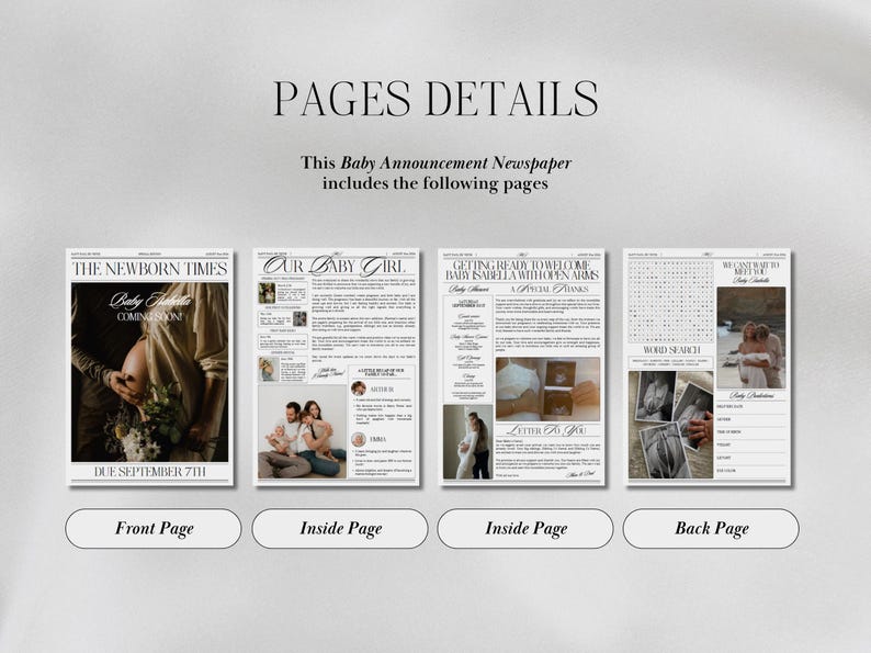 May include: A mock-up of a newspaper announcement for a new baby. The front page features a photo of a pregnant woman with the headline "Baby Estelle Coming Soon" and the due date "Due September 7th". The inside pages feature text and photos related to the baby's arrival. The back page features a word search puzzle.