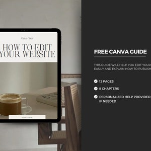 May include: A digital tablet displaying a Canva guide titled "How to Edit Your Website". The guide includes 12 pages and 8 chapters, with personalized help provided if needed.