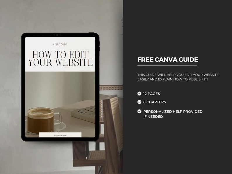 May include: A digital tablet displaying a Canva guide titled "How to Edit Your Website". The guide includes 12 pages and 8 chapters, with personalized help provided if needed.