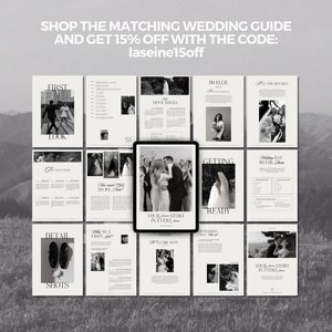 K&ouml;nnte beinhalten: Ein schwarz-wei&szlig;es Hochzeits-Guide mit dem Text "YOUR LOVE STORY IN EVERY FRAME" auf dem Cover. Der Guide ist in Abschnitte mit Titeln wie "First Look", "Getting Ready", "Detail Shots" und "Wedding Day Detail Shots" unterteilt.