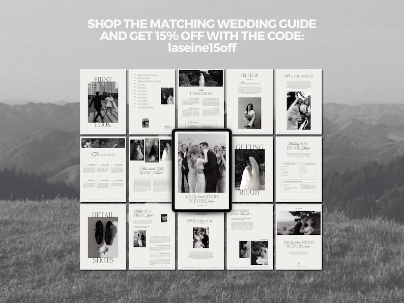 K&ouml;nnte beinhalten: Ein schwarz-wei&szlig;es Hochzeits-Guide mit dem Text "YOUR LOVE STORY IN EVERY FRAME" auf dem Cover. Der Guide ist in Abschnitte mit Titeln wie "First Look", "Getting Ready", "Detail Shots" und "Wedding Day Detail Shots" unterteilt.