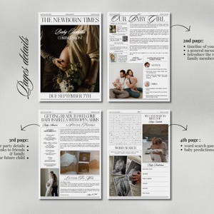 May include: A mock newspaper announcement for a baby shower. The headline reads "The Newborn Times" and "Our Baby Girl". The announcement includes a timeline of the pregnancy, a general message, and a word search game. The announcement is decorated with black and white illustrations.