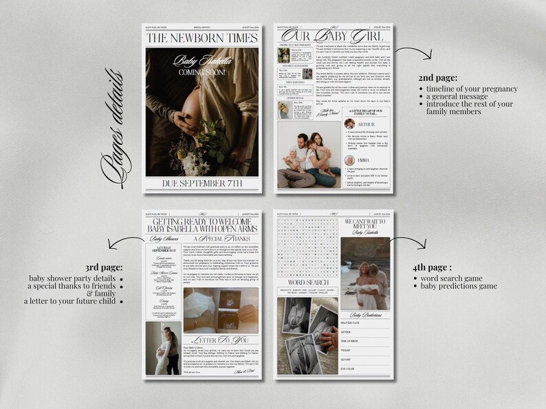 May include: A mock newspaper announcement for a baby shower. The headline reads "The Newborn Times" and "Our Baby Girl". The announcement includes a timeline of the pregnancy, a general message, and a word search game. The announcement is decorated with black and white illustrations.
