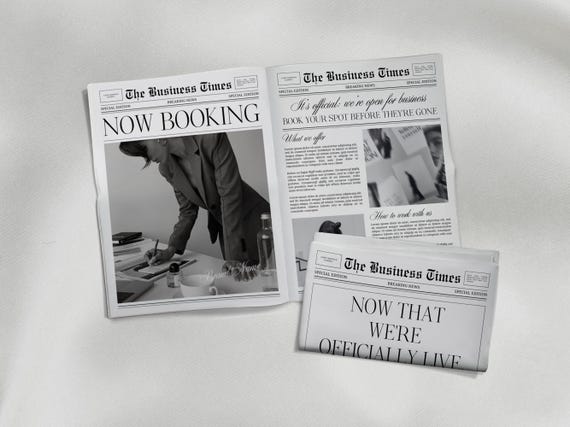 2 Page Canva Newspaper Template for Business Launch, Business Announcement Newspaper for Branding Photoshoot, Editable Business Newspaper