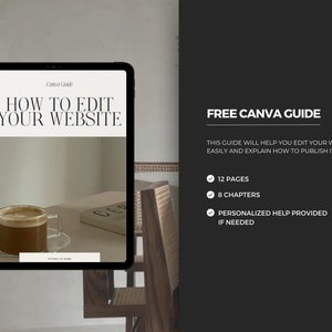 May include: A digital tablet displaying a free Canva guide titled "How to Edit Your Website". The guide includes 12 pages, 8 chapters, and personalized help if needed.
