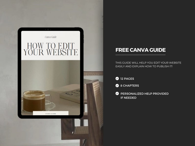 May include: A digital tablet displaying a free Canva guide titled "How to Edit Your Website". The guide includes 12 pages, 8 chapters, and personalized help if needed.