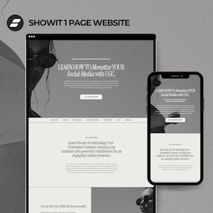 K&ouml;nnte beinhalten: Ein Schwarzwei&szlig;bild eines Website-Design-Mockups auf einem Computerbildschirm und einem Mobiltelefon. Die Website ist f&uuml;r ein Unternehmen, das lehrt, wie man soziale Medien mit nutzergenerierten Inhalten (UGC) monetarisiert. Der Text auf der Website lautet "Erfahren Sie, wie Sie Ihre sozialen Medien mit UGC monetarisieren."