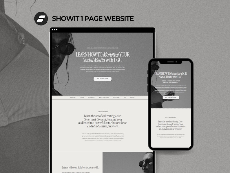 K&ouml;nnte beinhalten: Ein Schwarzwei&szlig;bild eines Website-Design-Mockups auf einem Computerbildschirm und einem Mobiltelefon. Die Website ist f&uuml;r ein Unternehmen, das lehrt, wie man soziale Medien mit nutzergenerierten Inhalten (UGC) monetarisiert. Der Text auf der Website lautet "Erfahren Sie, wie Sie Ihre sozialen Medien mit UGC monetarisieren."