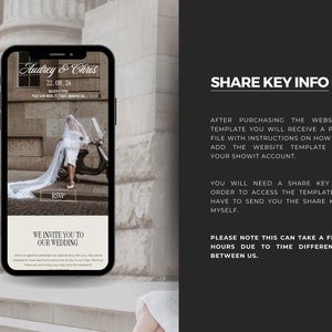 May include: A mobile phone screen displaying a wedding invitation with a photo of a bride in a white dress and veil riding a scooter. The invitation text reads "Audrey & Chris" and "We invite you to our wedding".