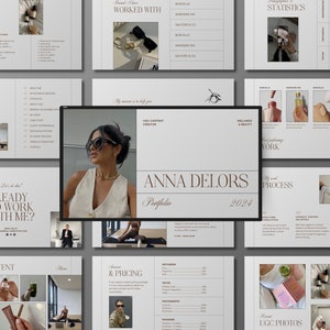 May include: A portfolio presentation for a social media content creator named Anna Delors. The presentation includes a table of contents, a list of brands worked with, a description of services offered, and a section showcasing recent user-generated content (UGC) photos.