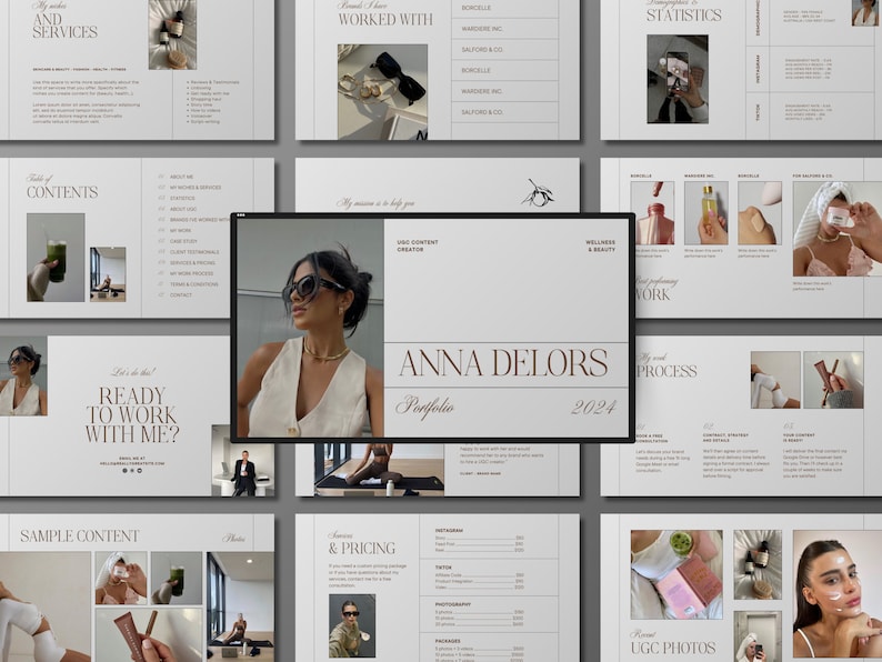 May include: A portfolio presentation for a social media content creator named Anna Delors. The presentation includes a table of contents, a list of brands worked with, a description of services offered, and a section showcasing recent user-generated content (UGC) photos.