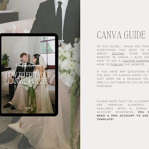 May include: A digital guide titled "How to Edit Your Canva Website" displayed on a tablet. The guide includes information on editing a wedding website in Canva, getting a custom domain, and publishing the website. The background features a couple in wedding attire.