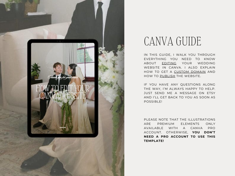 May include: A digital guide titled "How to Edit Your Canva Website" displayed on a tablet. The guide includes information on editing a wedding website in Canva, getting a custom domain, and publishing the website. The background features a couple in wedding attire.