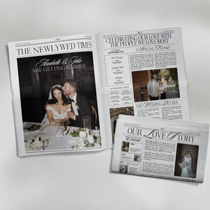 Peut inclure: Un journal d'annonce de mariage avec une photo du couple, un programme de cérémonie de mariage et une chronologie de leur relation. Le titre principal est "The Newlywed Times" et "Anabelle & Jake Are Getting Married".