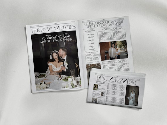 4 Page Wedding Newspaper Canva Template, Editable Wedding Newspaper Program, Custom Newspaper Wedding Program with Wedding Games for Guests