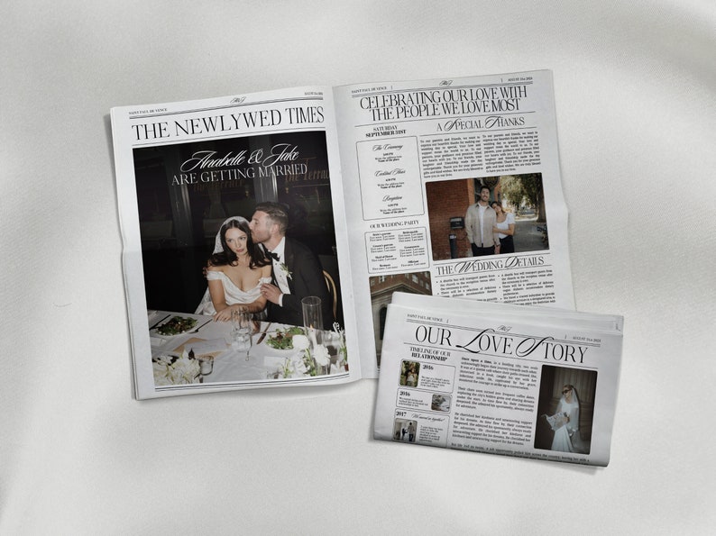 Pu&ograve; includere: Un giornale di annuncio di matrimonio con una foto della coppia, un programma della cerimonia di matrimonio e una cronologia della loro relazione. Il titolo principale &egrave; "The Newlywed Times" e "Anabelle & Jake Are Getting Married".
