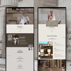 May include: A wedding website with a brown background and white text. The website includes information about the wedding, including the couple's names, the date and time of the wedding, and the location. The website also includes a photo of the couple and a map of the wedding venue.