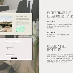 May include: A digital wedding planning guide with the text "OUR WEDDING VENUE" and a map. The guide also includes an RSVP form and instructions on how to share locations and itineraries.