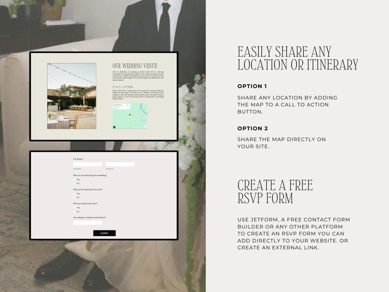 May include: A digital wedding planning guide with the text "OUR WEDDING VENUE" and a map. The guide also includes an RSVP form and instructions on how to share locations and itineraries.