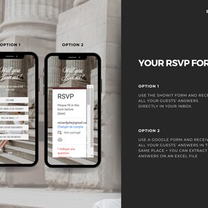 May include: Two phone screens showing a wedding RSVP form with the text "Will you join us?" and the option to use either a Showit form or a Google form. The text "Your RSVP Form" is displayed in a black box with white text.