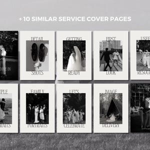 May include: A collection of ten black and white service cover pages. Each page features a photograph and a title, including "Detail," "Getting Ready," "First Look," and "Resources." The overall theme is wedding photography.