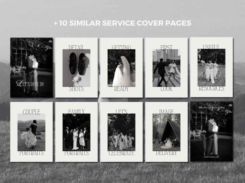 May include: A collection of ten black and white service cover pages. Each page features a photograph and a title, including "Detail," "Getting Ready," "First Look," and "Resources." The overall theme is wedding photography.
